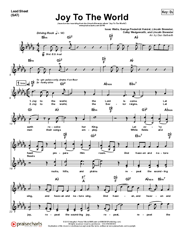 Joy To The World Lead Sheet (SAT) (Lincoln Brewster)