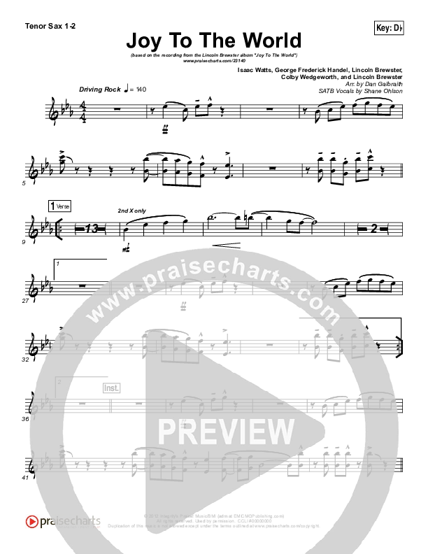 Joy To The World Tenor Sax 1/2 (Lincoln Brewster)