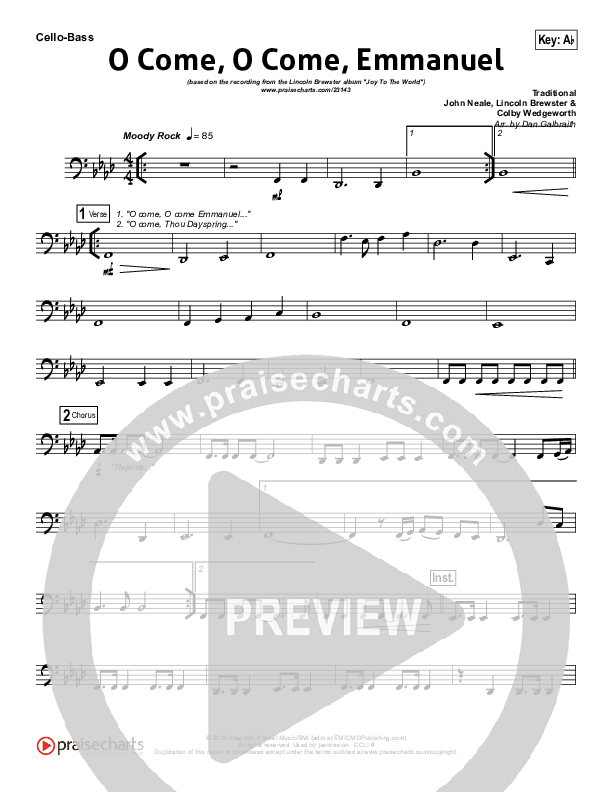 O Come O Come Emmanuel Cello/Bass (Lincoln Brewster)