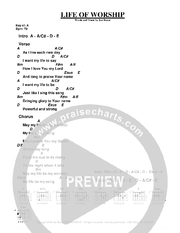 Life Of Worship Chord Chart (Jon Bauer)