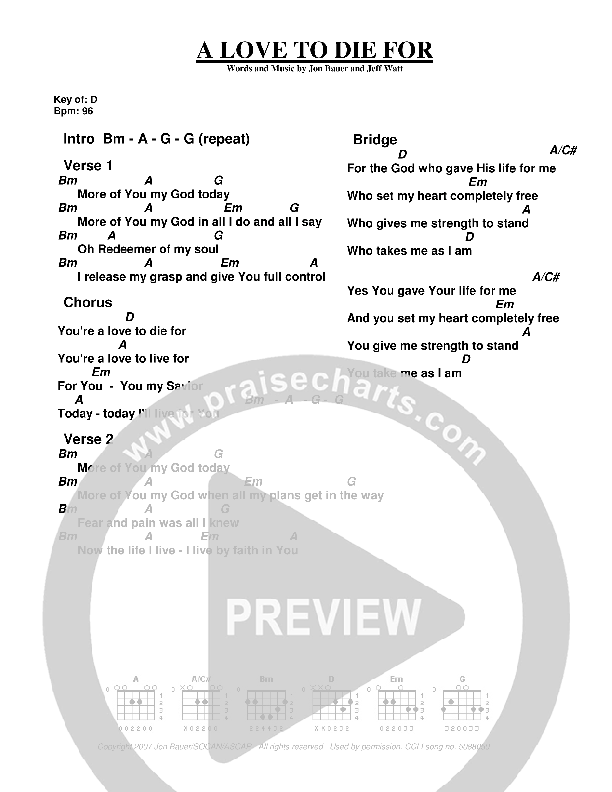 A Love To Die For Chord Chart (Jon Bauer)