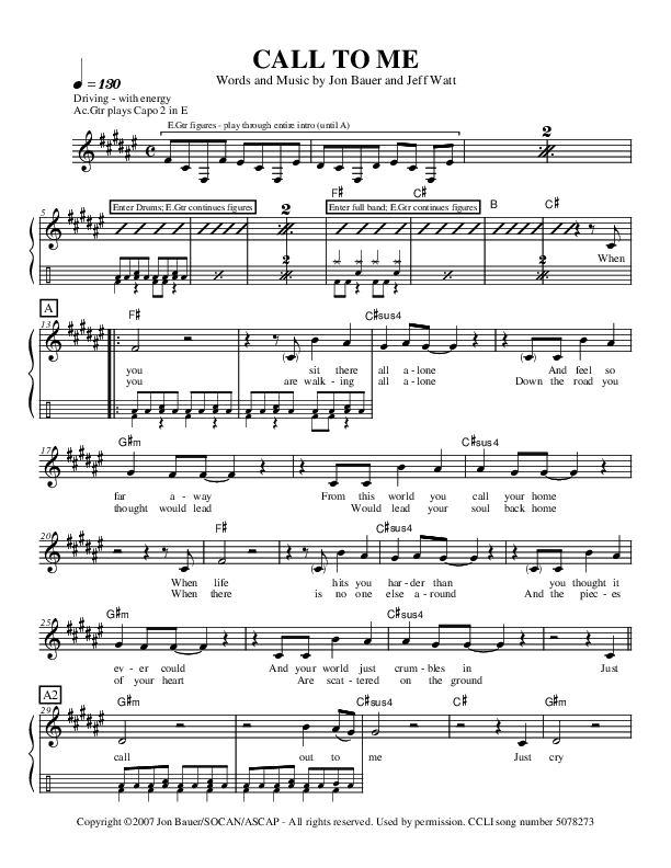 Call To Me Lead Sheet (Jon Bauer)