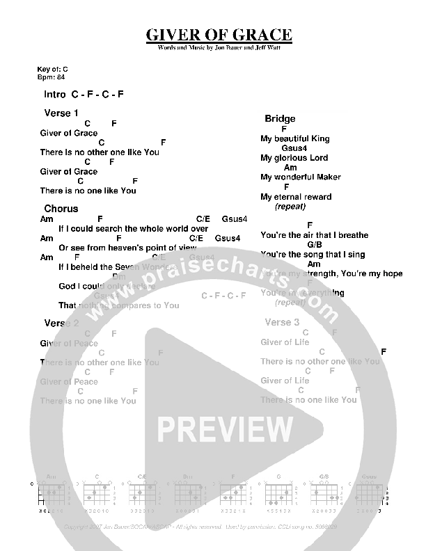 Giver Of Grace Chords & Lyrics (Jon Bauer)