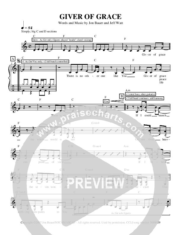 Giver Of Grace Lead & Piano (Jon Bauer)