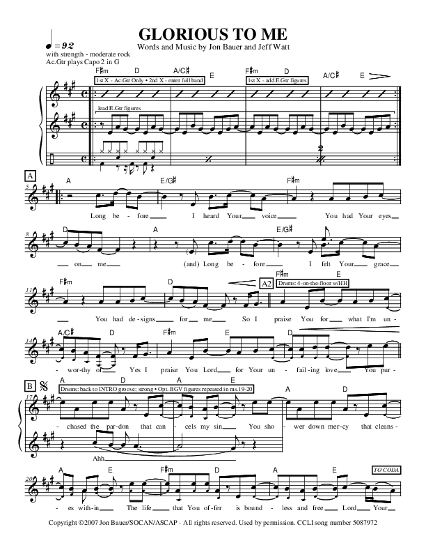 Glorious To Me Lead Sheet (Jon Bauer)