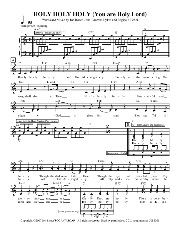 Holy Holy Holy (You Are Holy Lord) Lead Sheet (Jon Bauer)