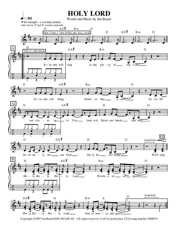 Holy Lord Lead Sheet (Jon Bauer)