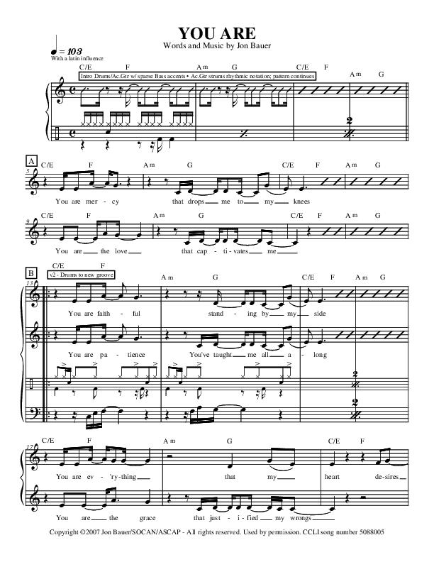 You Are Piano/Vocal (Jon Bauer)