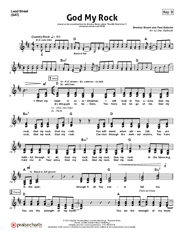 God My Rock Lead Sheet (Brenton Brown)
