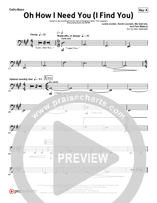 Oh How I Need You Cello/Bass (All Sons & Daughters)