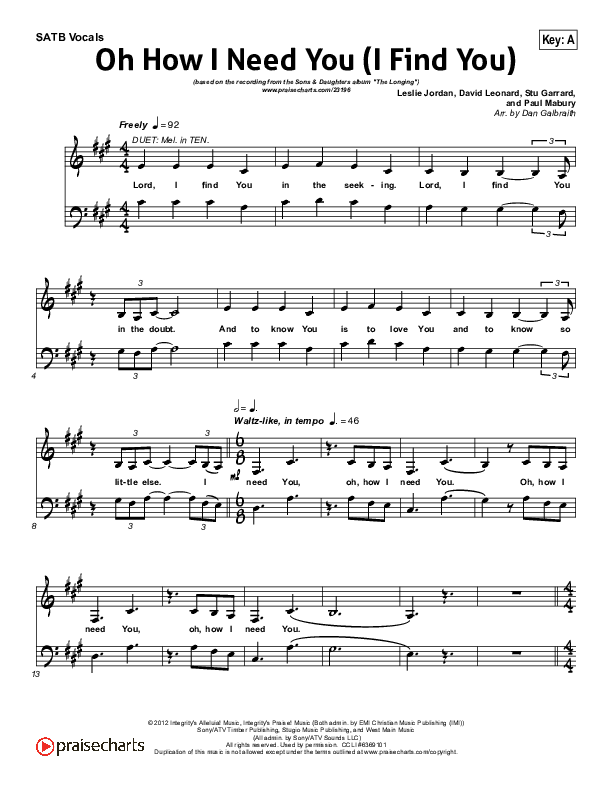 Oh How I Need You Choir Vocals (SATB) (All Sons & Daughters)