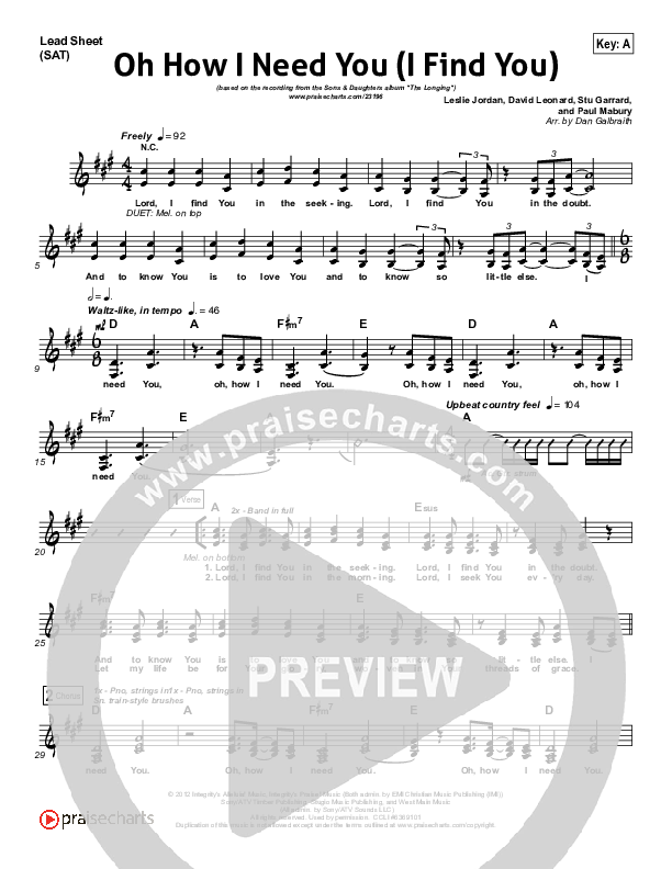 Oh How I Need You Lead Sheet (SAT) (All Sons & Daughters)