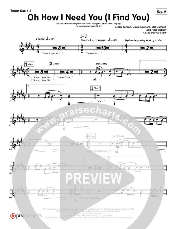 Oh How I Need You Tenor Sax 1/2 (All Sons & Daughters)