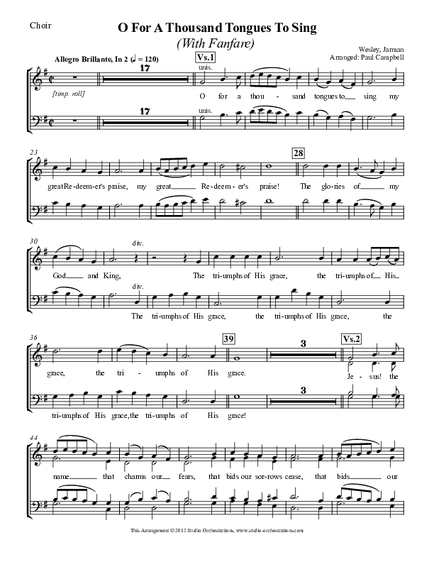 O For A Thousand Tongues To Sing Choir Sheet (Paul Campbell)