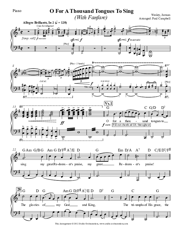 O For A Thousand Tongues To Sing Piano Sheet (Paul Campbell)