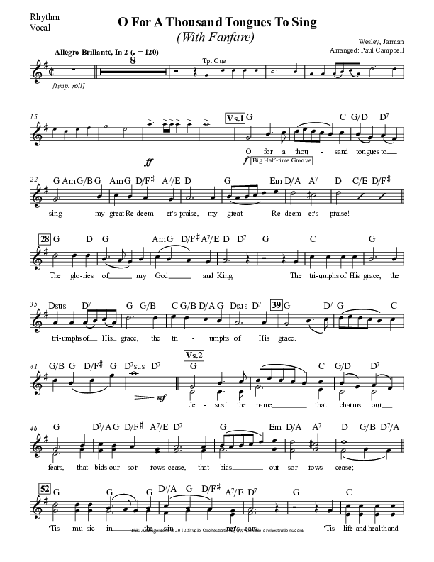 O For A Thousand Tongues To Sing Rhythm Chart (Paul Campbell)