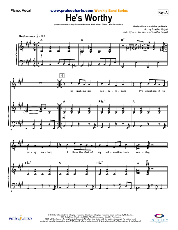 He's Worthy Piano/Vocal (Geron Davis)