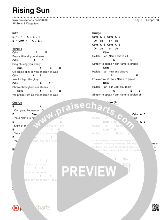 Rising Sun Chords & Lyrics (All Sons & Daughters)