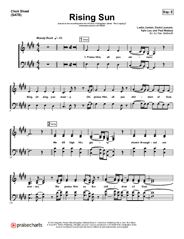 Rising Sun Choir Sheet (SATB) (All Sons & Daughters)