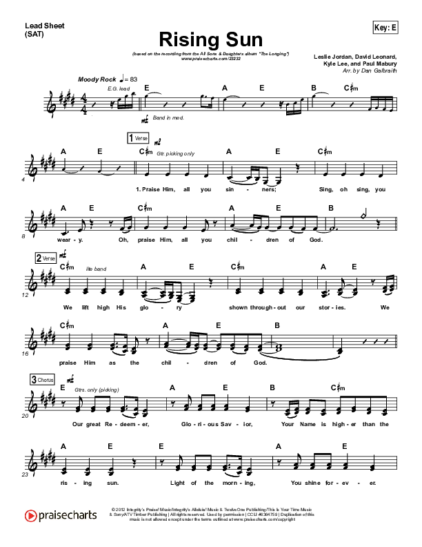 Rising Sun Lead Sheet (SAT) (All Sons & Daughters)