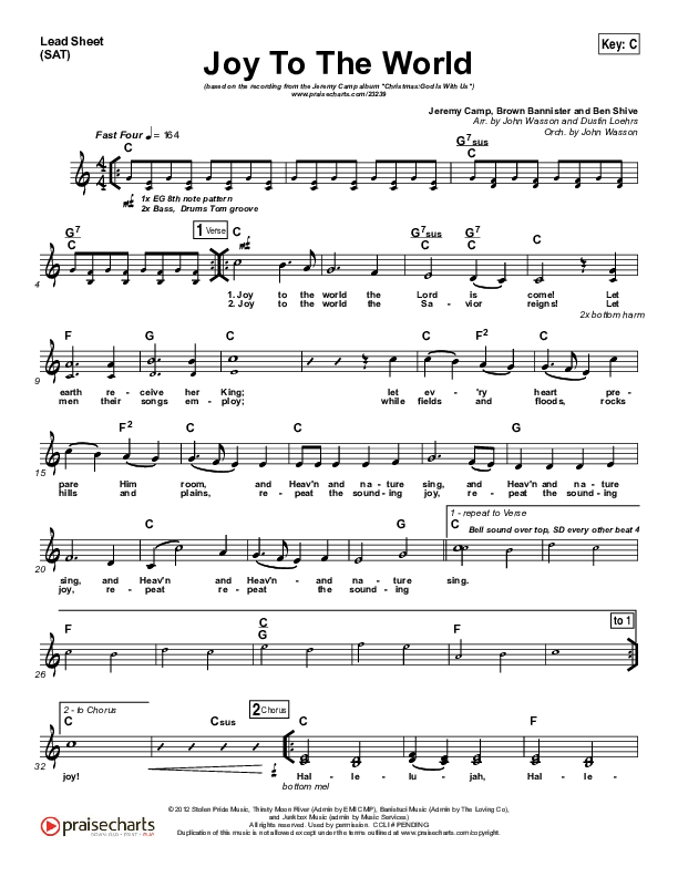 Joy To The World Lead Sheet (Jeremy Camp)