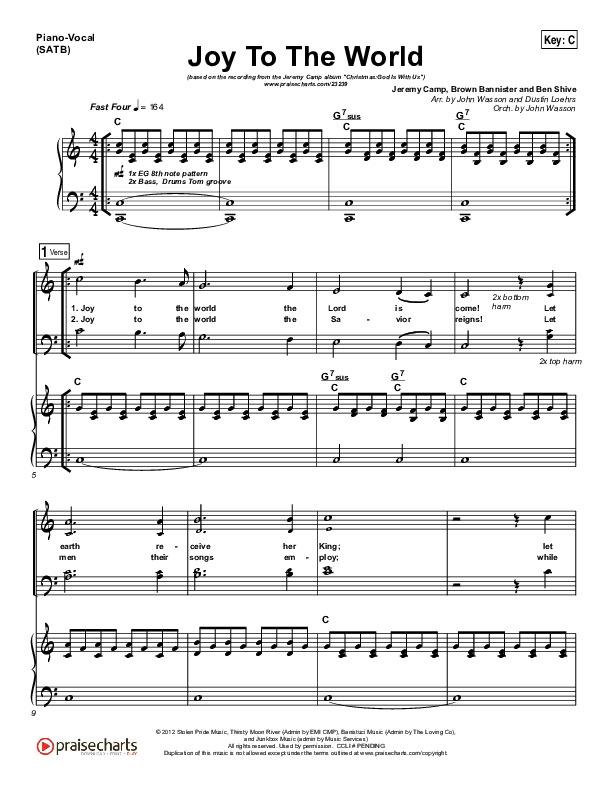 Joy To The World Piano/Vocal (SATB) (Jeremy Camp)