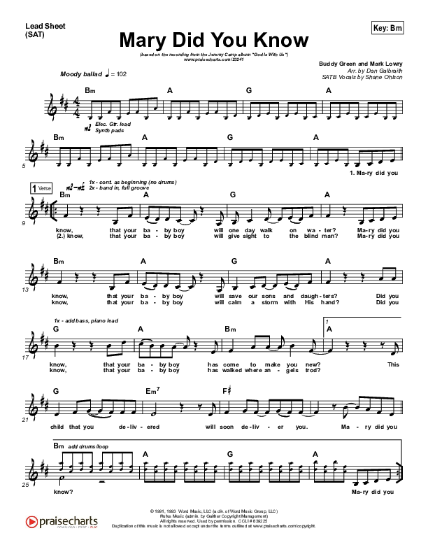Mary Did You Know Lead Sheet (SAT) (Jeremy Camp)
