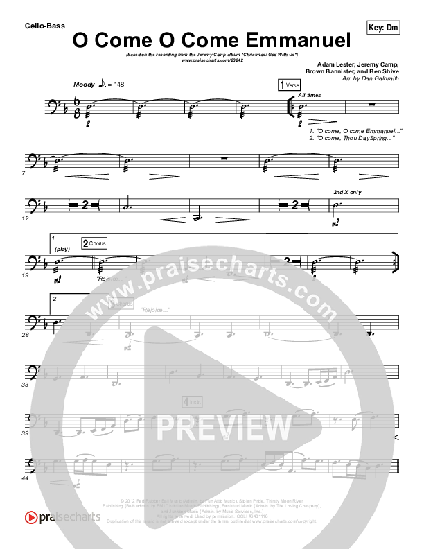 O Come O Come Emmanuel Cello/Bass (Jeremy Camp)