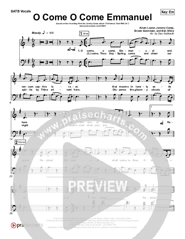 O Come O Come Emmanuel Choir Vocals (SATB) (Jeremy Camp)