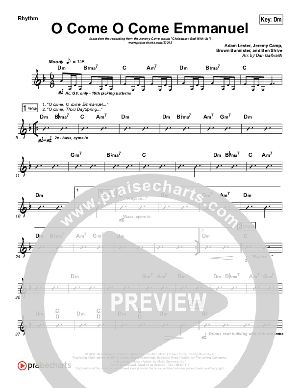 O Come O Come Emmanuel Rhythm Chart (Jeremy Camp)