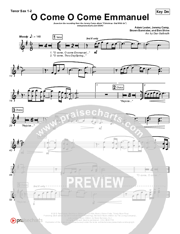 O Come O Come Emmanuel Tenor Sax 1/2 (Jeremy Camp)