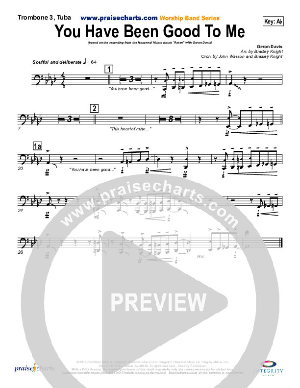 You Have Been Good To Me Trombone 3/Tuba (Geron Davis)