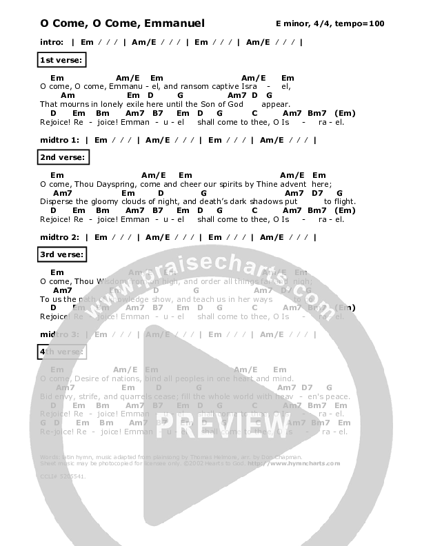 O Come O Come Emmanuel Chord Chart (Don Chapman)