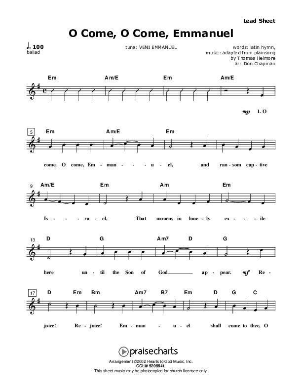 O Come O Come Emmanuel Lead Sheet (Don Chapman)