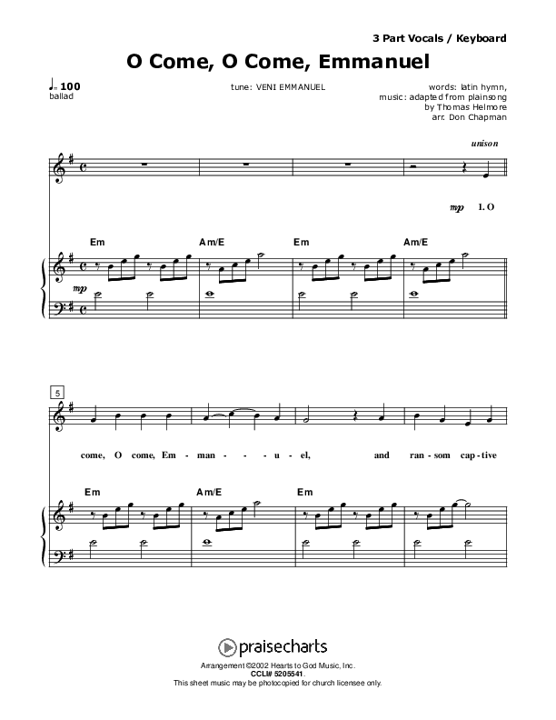 O Come O Come Emmanuel Piano/Vocal (SAT) (Don Chapman)