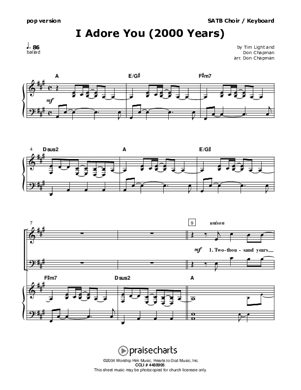 I Adore You Piano/Vocal (SATB) (Don Chapman)