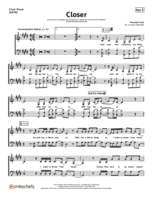 Closer Choir Sheet (SATB) (Bethel Music)