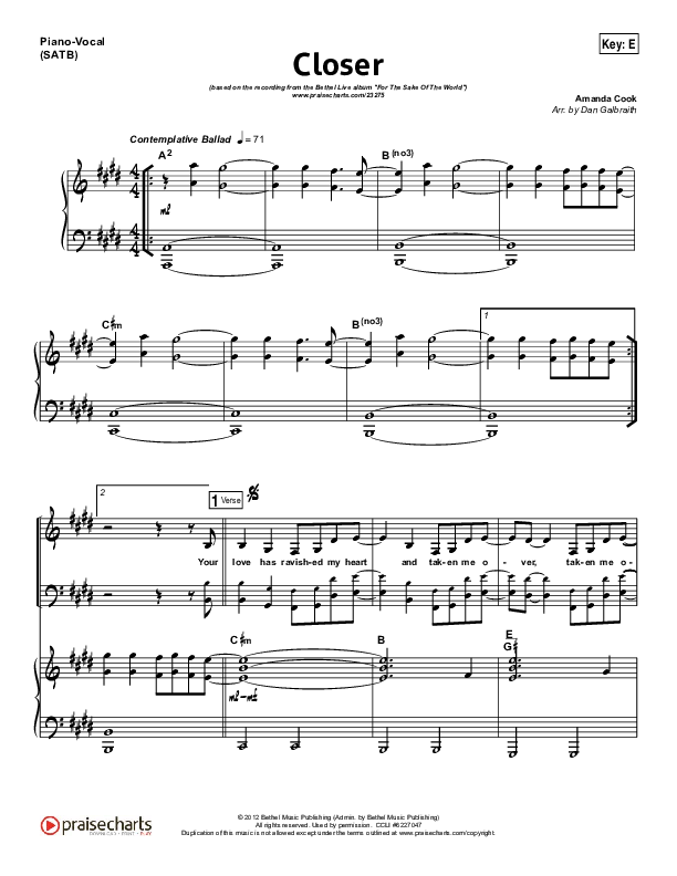 Closer Piano/Vocal (SATB) (Bethel Music)