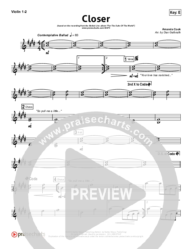 Closer Violin Sheet Music PDF (Bethel Music) PraiseCharts