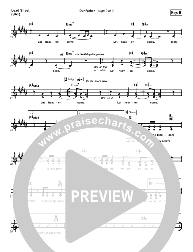 Our Father Sheet Music Bethel Music Praisecharts G c/e c (2x) verse: our father sheet music bethel music