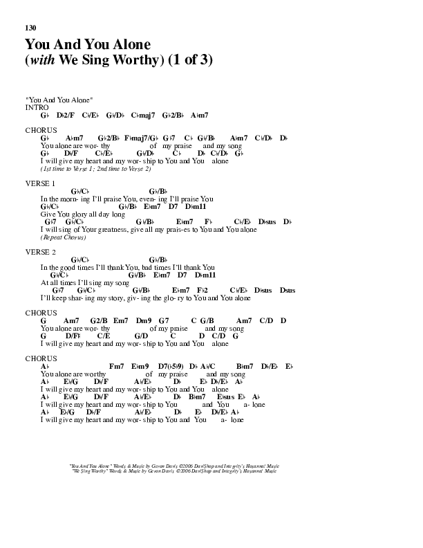 You And You Alone (with We Sing Worthy) Chord Chart (Geron Davis)