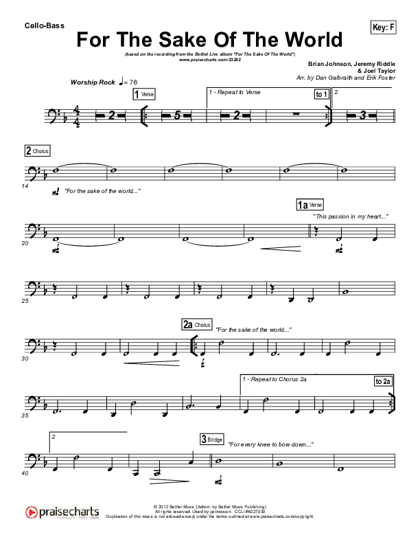For The Sake Of The World Cello/Bass (Bethel Music)