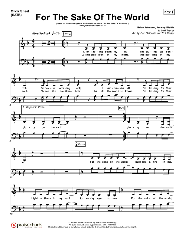 For The Sake Of The World Choir Vocals (SATB) (Bethel Music)