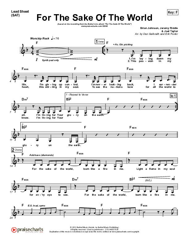 For The Sake Of The World Lead Sheet (SAT) (Bethel Music)
