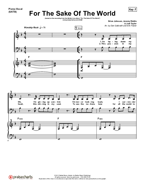 For The Sake Of The World Piano/Vocal (SATB) (Bethel Music)