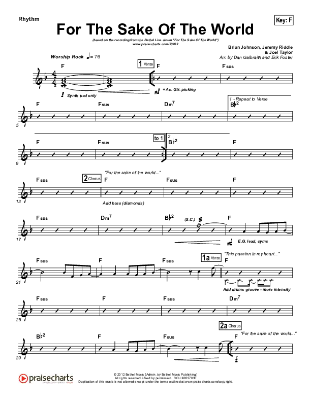 For The Sake Of The World Rhythm Chart (Bethel Music)