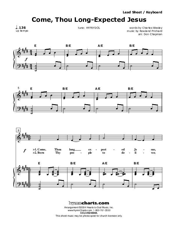 Come Thou Long-Expected Jesus Piano/Vocal (Don Chapman)