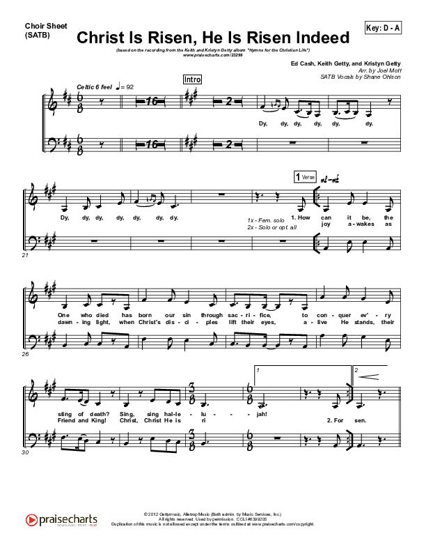Christ Is Risen He Is Risen Indeed Choir Vocals (SATB) (Keith & Kristyn Getty)