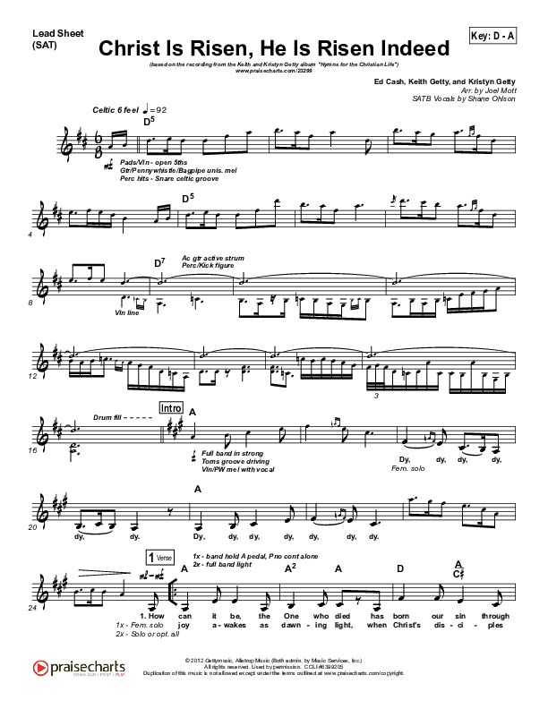 Christ Is Risen He Is Risen Indeed Lead Sheet (SAT) (Keith & Kristyn Getty)