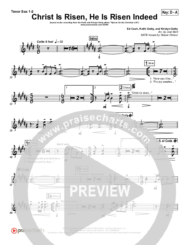 Christ Is Risen He Is Risen Indeed Tenor Sax 1/2 (Keith & Kristyn Getty)